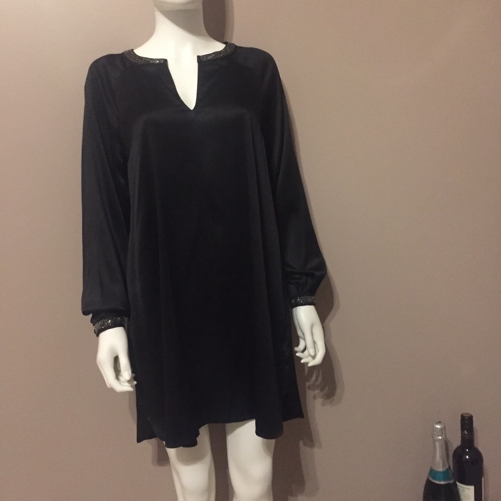 H&M Black Shirt Dress Beaded Embroidered SZ 8